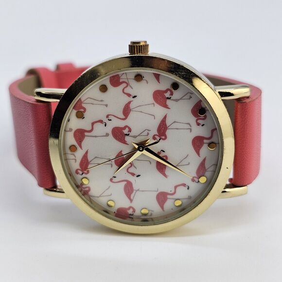 37MM Women's Watch Flamingo Dial Pink Faux Leather Bands New Battery - Picture 4 of 13